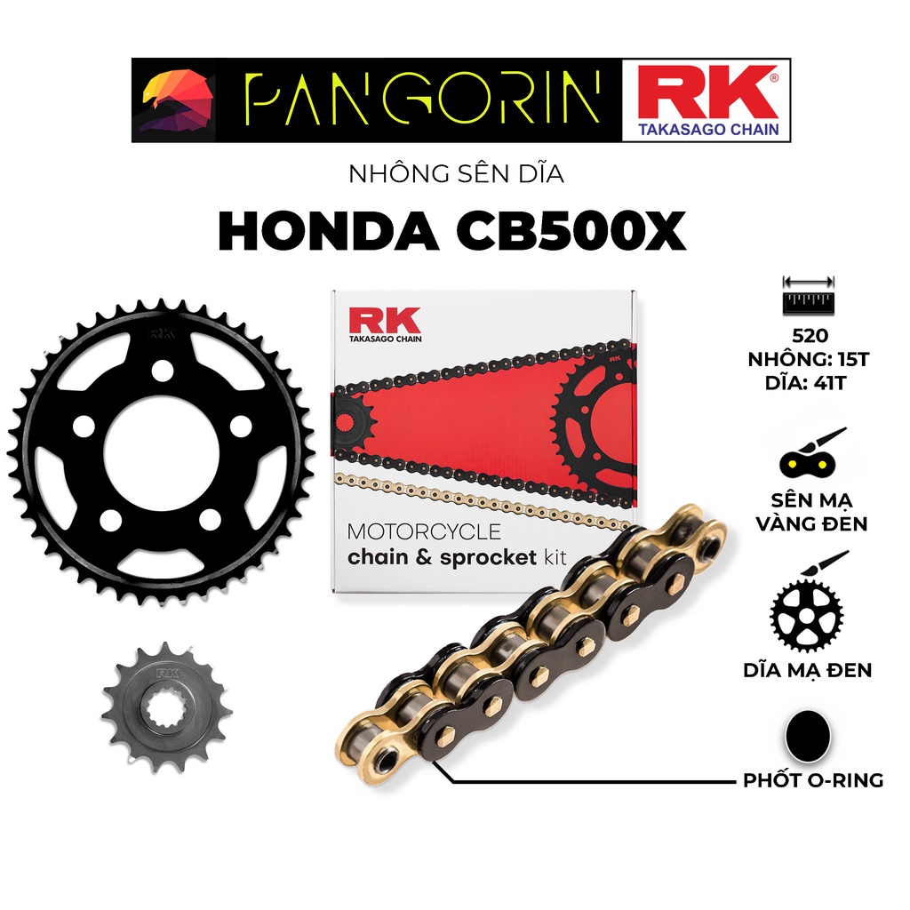 Nhông Sên Dĩa RK Takasago Honda CB500X - Nhông Dĩa thép đen - Sên BG-520-KLO2, màu Vàng Đen, phốt O-ring