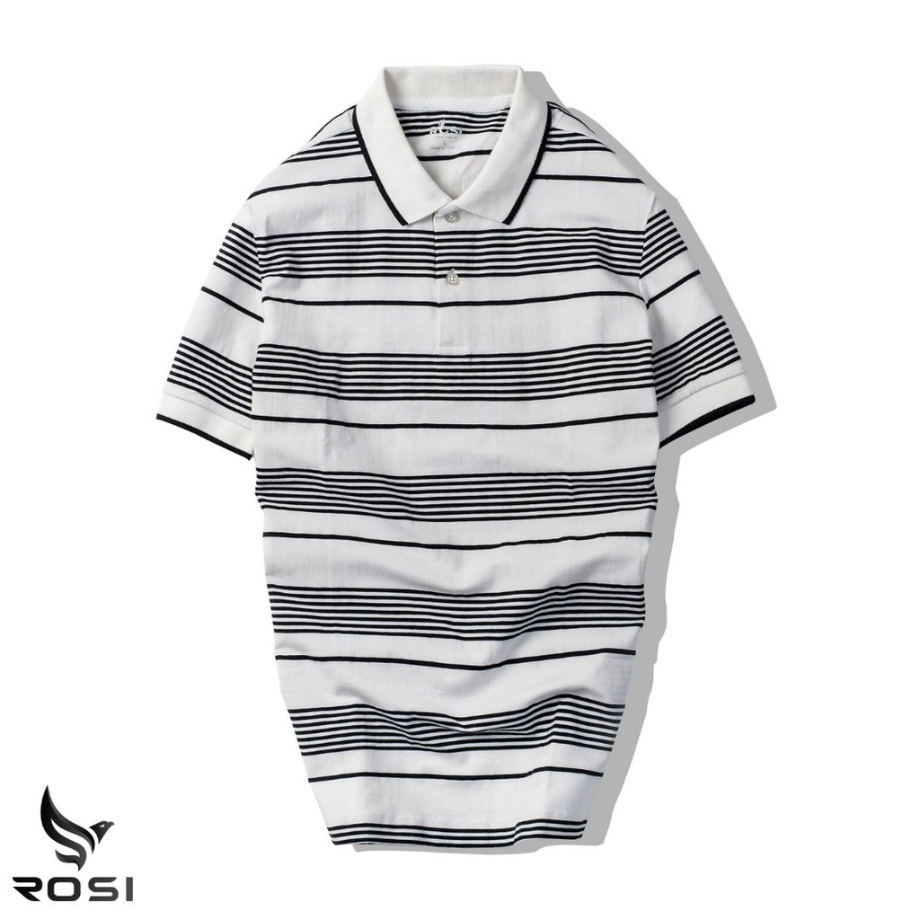 Áo thun nam cao cấp Rosi PL10 cổ polo tay bo ngắn,vải cotton trơn mịn kẻ ngang đen trắng,dáng ôm (Slimfit) xà trẻ trung.