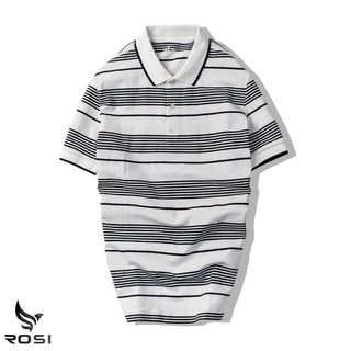 Áo thun nam cao cấp Rosi PL10 cổ polo tay bo ngắn,vải cotton trơn mịn kẻ ngang đen trắng,dáng ôm (Slimfit) xà trẻ trung.