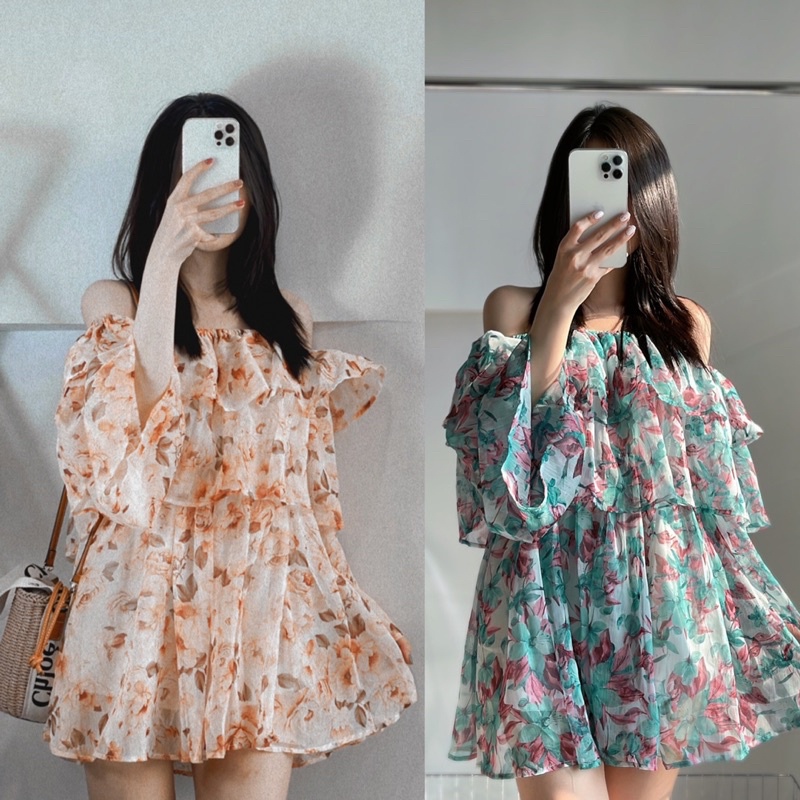 Váy Nữ Hoa Nhí Xanh Ngọc Trễ Vai,Đầm Nữ, Đi Biển, Đi Chơi Chất Liệu Voan Lụa Váy 2 Lớp  Váy Nữ Hoa Nhí Trễ Vai