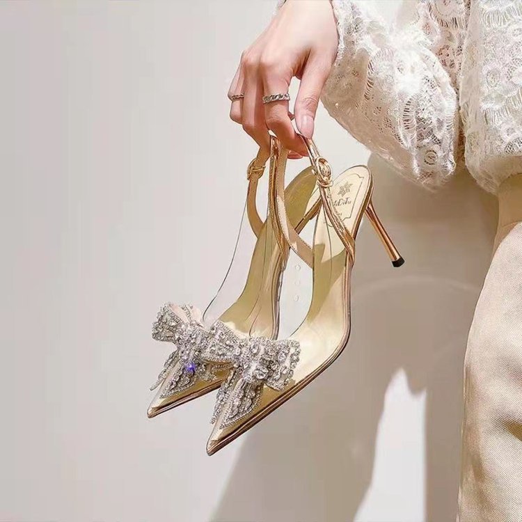 Giày cao gót trong suốt mặt nơ đá xỏ quai gót tiểu thư sang trọng POCI 038