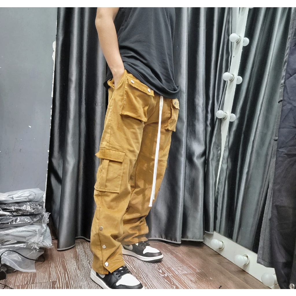Quần Snap Cargo Pant Màu Vàng Bò ( Cúc Bấm &amp; Túi Hộp )Chất Liệu Nhung Tăm Kiểu Dáng Streetwear