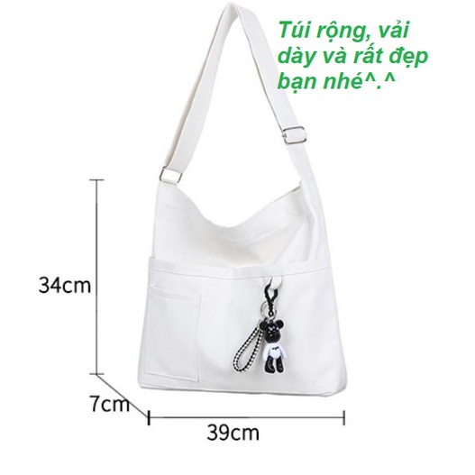 Túi nữ Tote Hàn Quốc vải Canvas dày ngăn chứa lớn kèm bé gấu dễ thương để được sách đồ