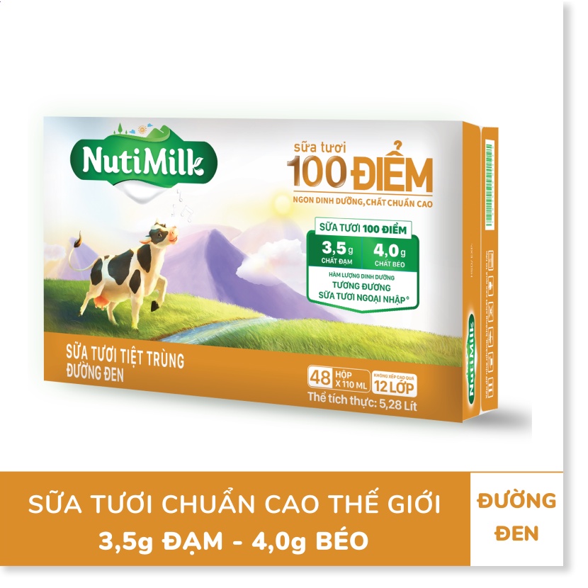 Thùng 48 Hộp NutiMilk Sữa tươi 100 điểm - Sữa tươi tiệt trùng đường đen 110ml - Thương Hiệu NUTIFOOD -CIRINO