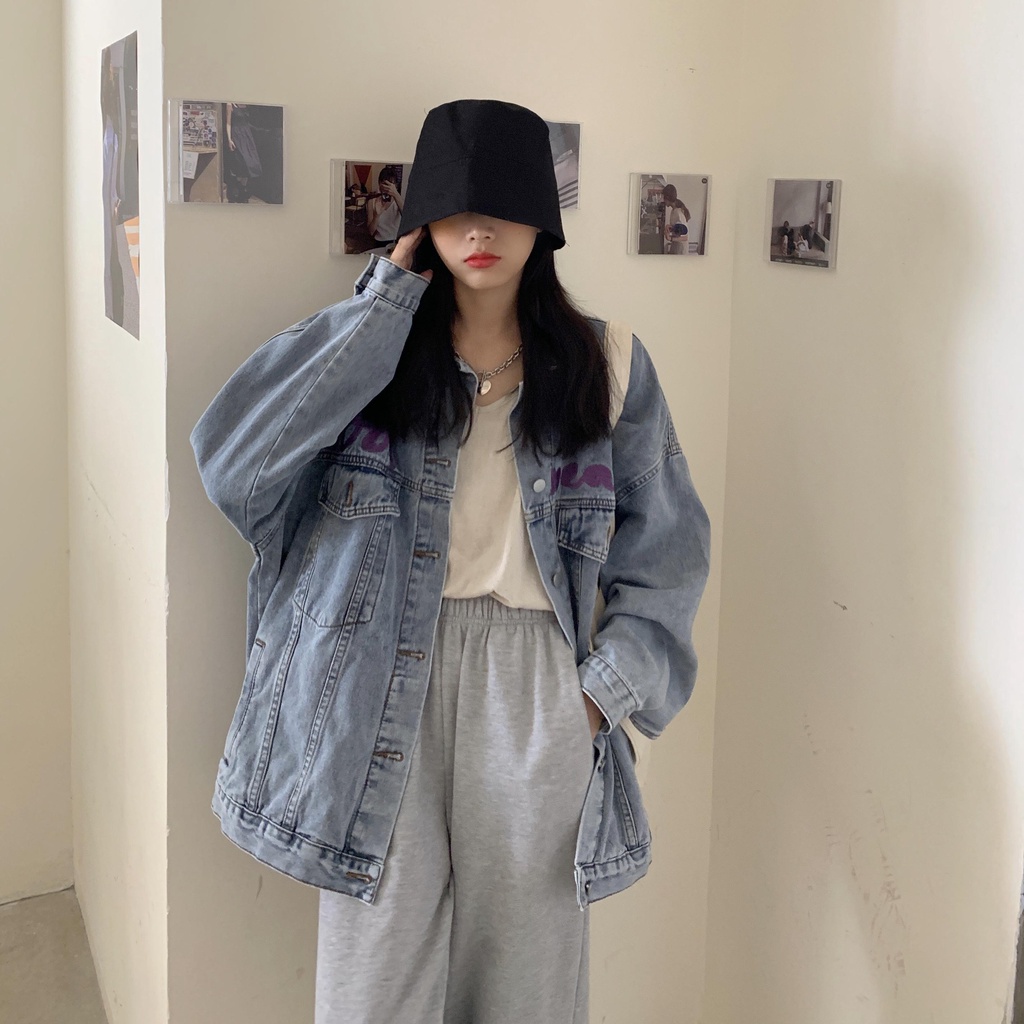 Áo khoác denim dáng rộng thêu họa tiết phong cách phương tây Hàn Quốc cho nữ