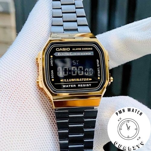 Đồng hồ đeo tay nam , đồng hồ unisex thể thao A168 màu đen vàng cổ điển kích thước 38×36×9mm | BigBuy360 - bigbuy360.vn