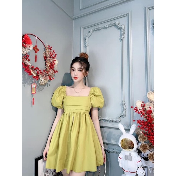 VÁY BABYDOLL XANH NÕN CHUỐI NƠ SAU TAY BỒNG SIÊU XINH