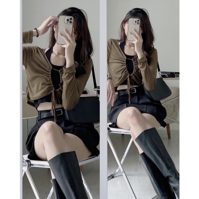 Set 2 món tách rời áo croptop dài tay cổ rút kèm áo bra phong cách cá tính dành cho nữ kèm ảnh thật