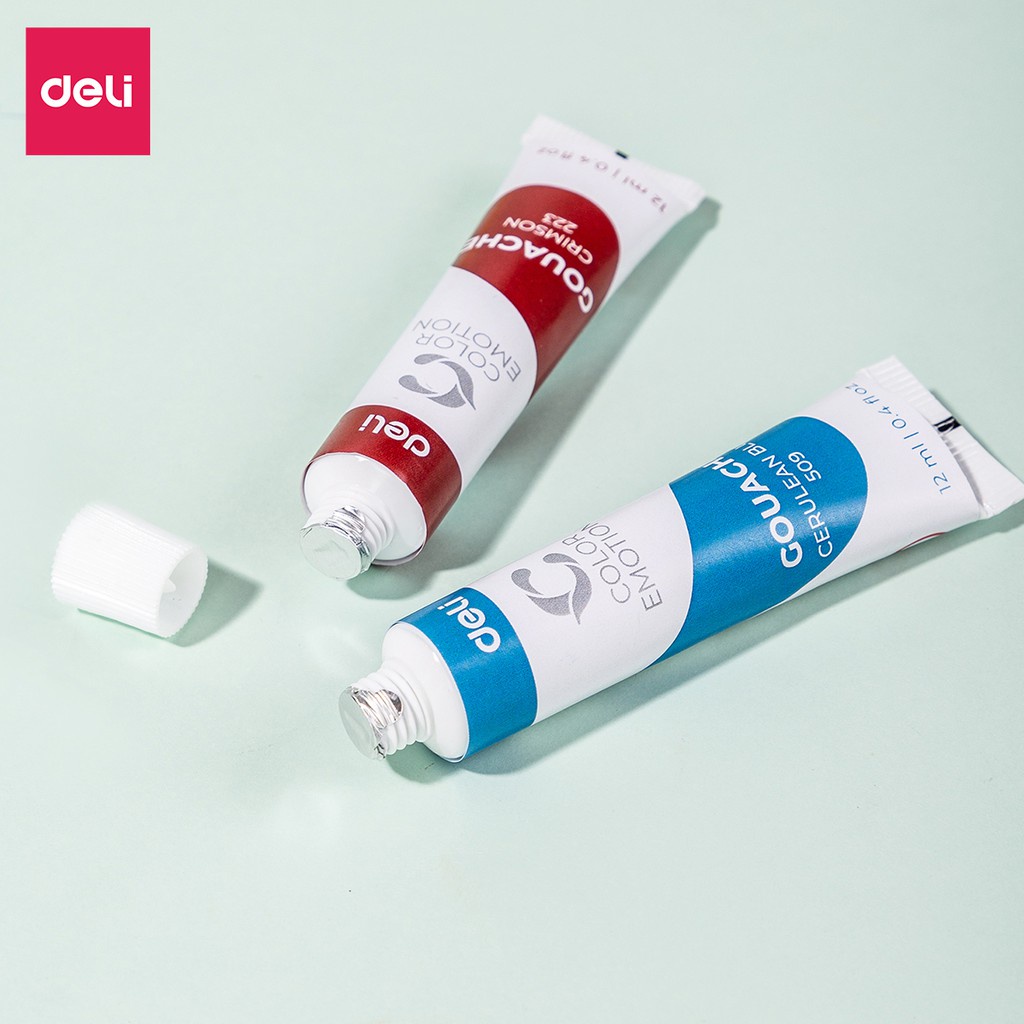 Màu nước pha keo Gouache dạng tuýp 12ml Deli - màu nước vẽ tranh - phù hợp với vẽ cơ bản- 5/12/24 màu - 1 hộp - EC11