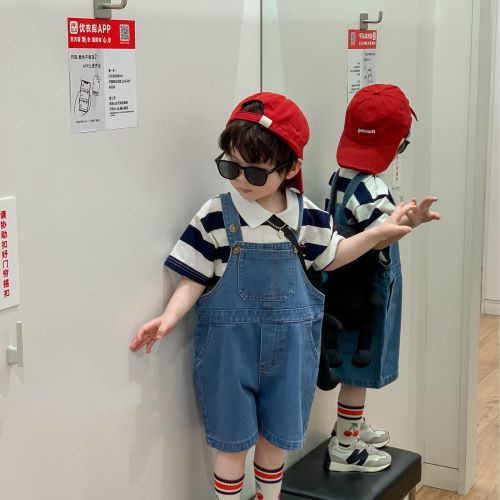 Bộ Trang Phục Hai Mảnh Áo Sơ Mi Tay Ngắn Và Quần Short Denim Họa Tiết Kẻ Sọc Thời Trang Mùa Hè Hàn Quốc Nhật Bản Dành Cho Bé Trai 2022