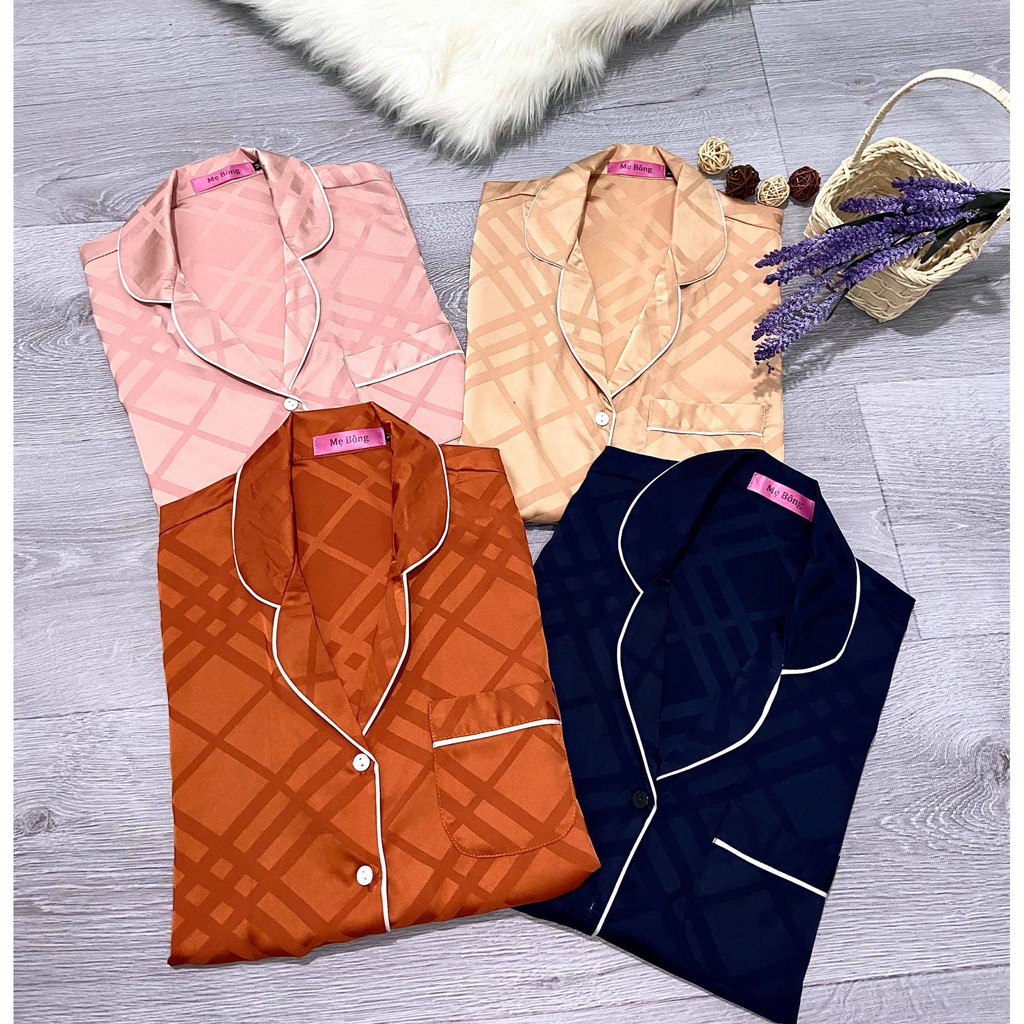 Đồ ngủ - đồ pyjamas lụa satin ca rô ngắn tay