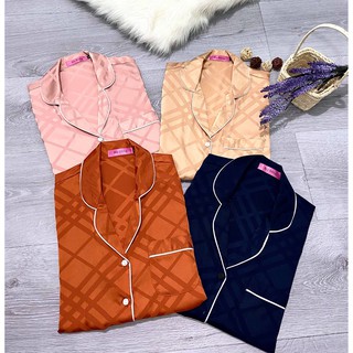 Đồ ngủ - đồ pyjamas lụa satin ca rô ngắn tay