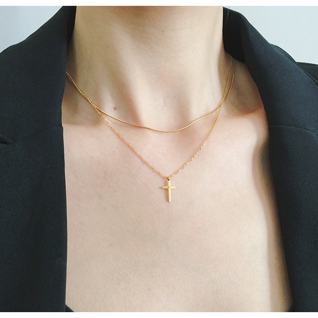 Dây chuyền titan 2 tầng dây mì và thánh giá nhỏ xinh không gỉ