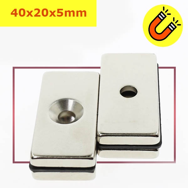 Nam châm đất hiếm hình chữ nhật loại 2 lỗ bắt vít lực hút siêu mạnh