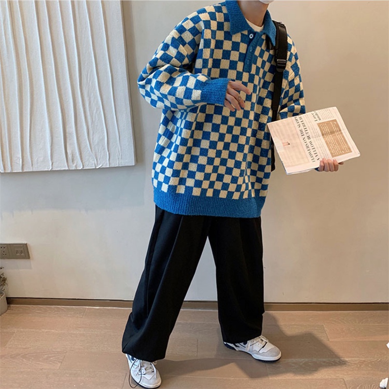 Áo len cổ polo tay dài họa tiết caro phong cách Hàn Quốc thời trang cho nam