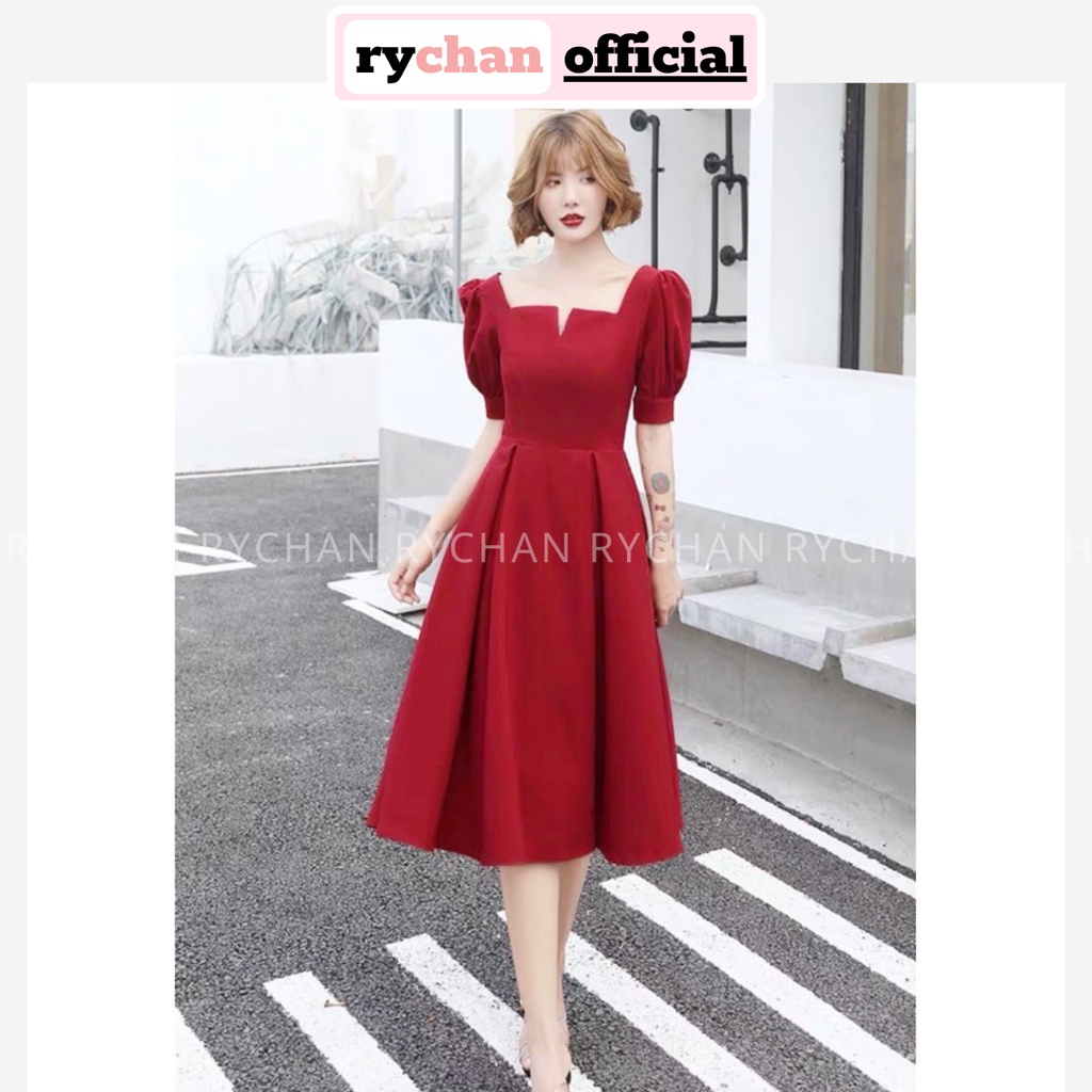 Đầm Dự Tiệc Cưới Cổ Khóa Form Dài Sang Chảnh, Váy Thiết Kế Tay Bồng Màu Đỏ [ẢNH THẬT CUỐI] - DX9703