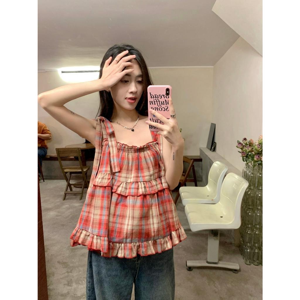 QADCOL Áo Hai Dây Dáng Rộng Họa Tiết Sọc Caro Phong Cách retro Thời Trang Mùa Hè Cho Nữ