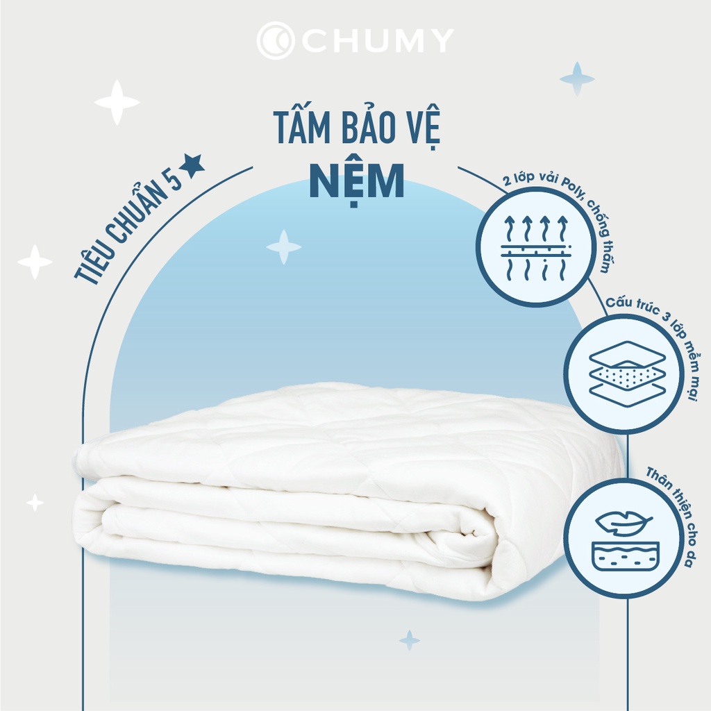 Tấm bảo vệ nệm CHU MY chất liệu 100% polyester, 3 lớp chần bông kiểu ô vuông, hạn chế thấm nước và bụi bẩn