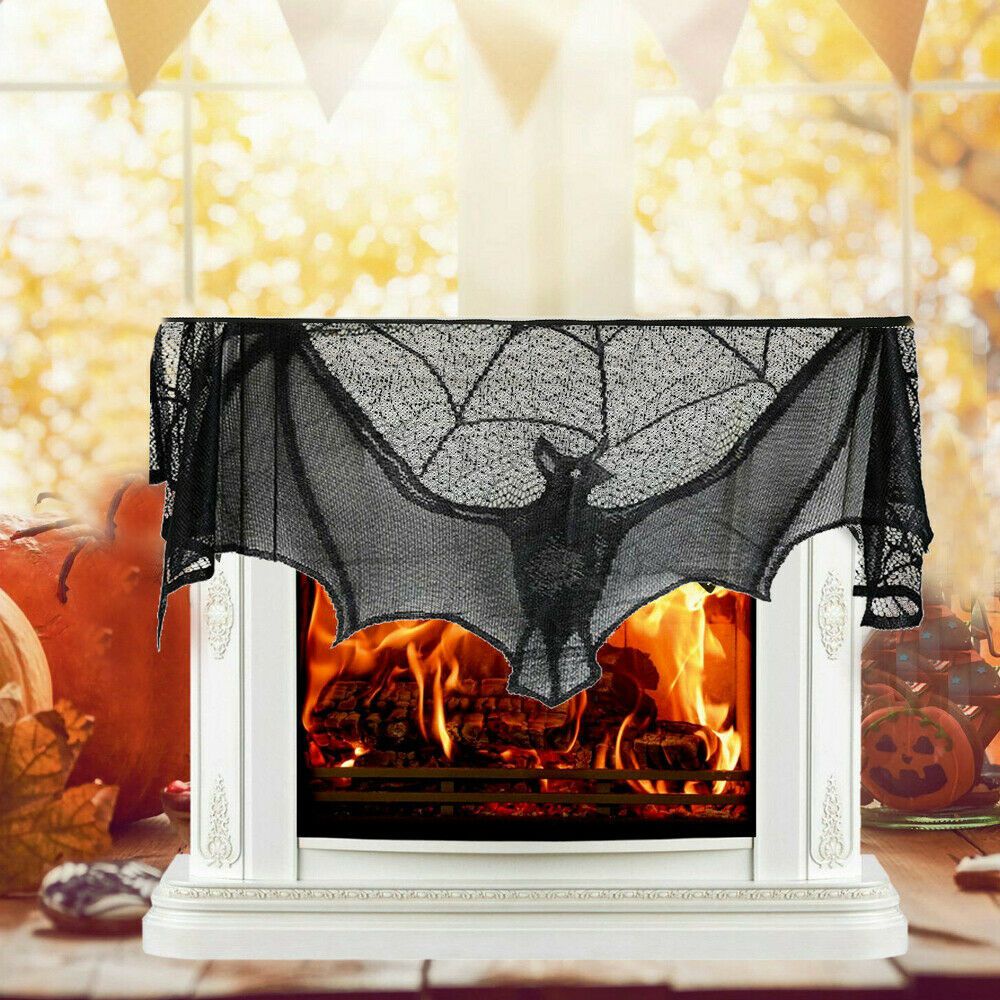 Trang Trí Đen Halloween Ren Nhện Web Mạng Lưới Lưới Dơi Lò Sưởi Khăn Mantle Cover