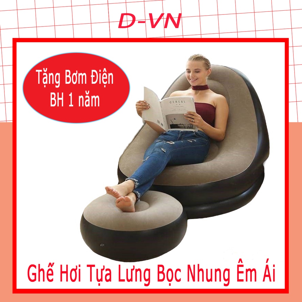 Ghế Hơi Tựa Lưng Bọc Nhung - Đệm Bơm Hơi Thư Giãn Mềm Mịn Êm Ái, Có Đệm Hơi intex Lót Chân Cao Cấp - DVN