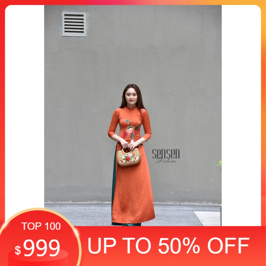 Áo Dài Truyền Thống Nữ Màu Cam Tây Hoa Thêu Cao Cấp Áo Dài Chuẩn Phom Cam kết Chất Lượng