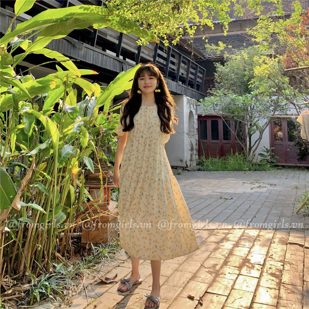 Váy babydoll hoa nhí, đầm maxi hoa nhí tay phồng  - V45FG