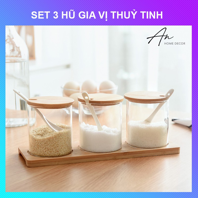 Bộ hũ gia vị thuỷ tinh đế gỗ