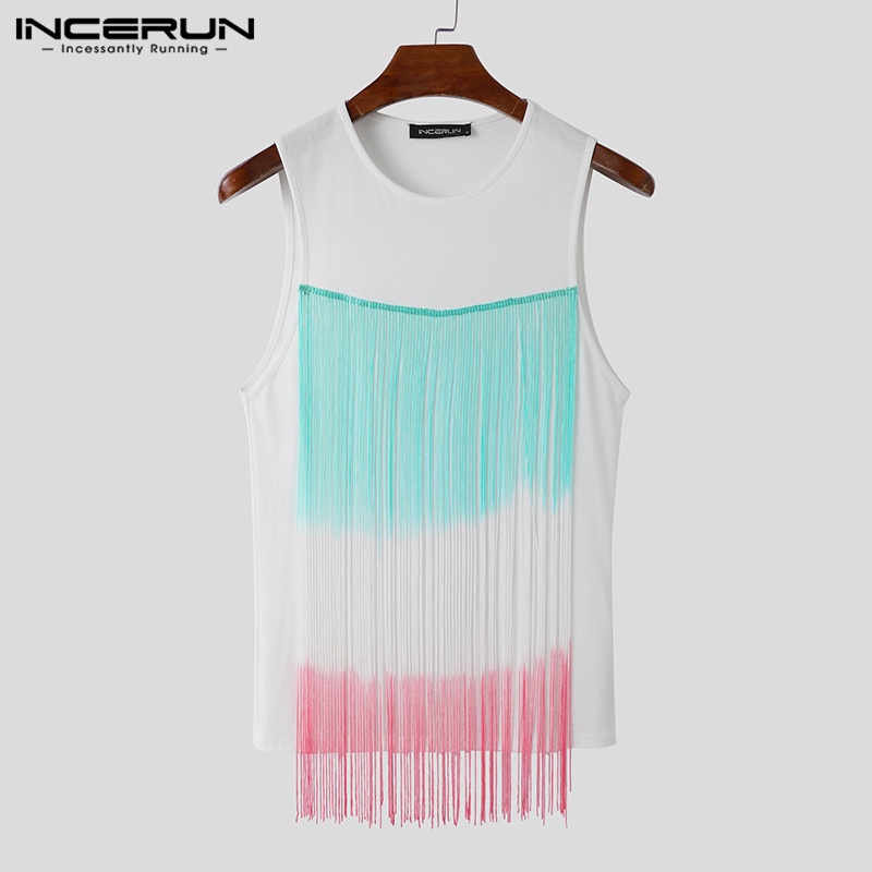 INCERUN Áo Thun Ba Lỗ Cổ Tròn Phối Tua Rua Nhiều Màu Sắc Dành Cho Nam