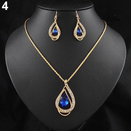 Bộ Vòng cổ + Đôi Khuyên Tai Đính Đá Pha Lê Hình Giọt Nước Thời Trang Cho Nữ
