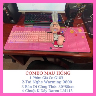 Combo Phím Giả Cơ + Chuột Không Dây Dareu + Tai Nghe Gaming Chính Hãng + Bàn di 30*80 - Full Màu Hồng