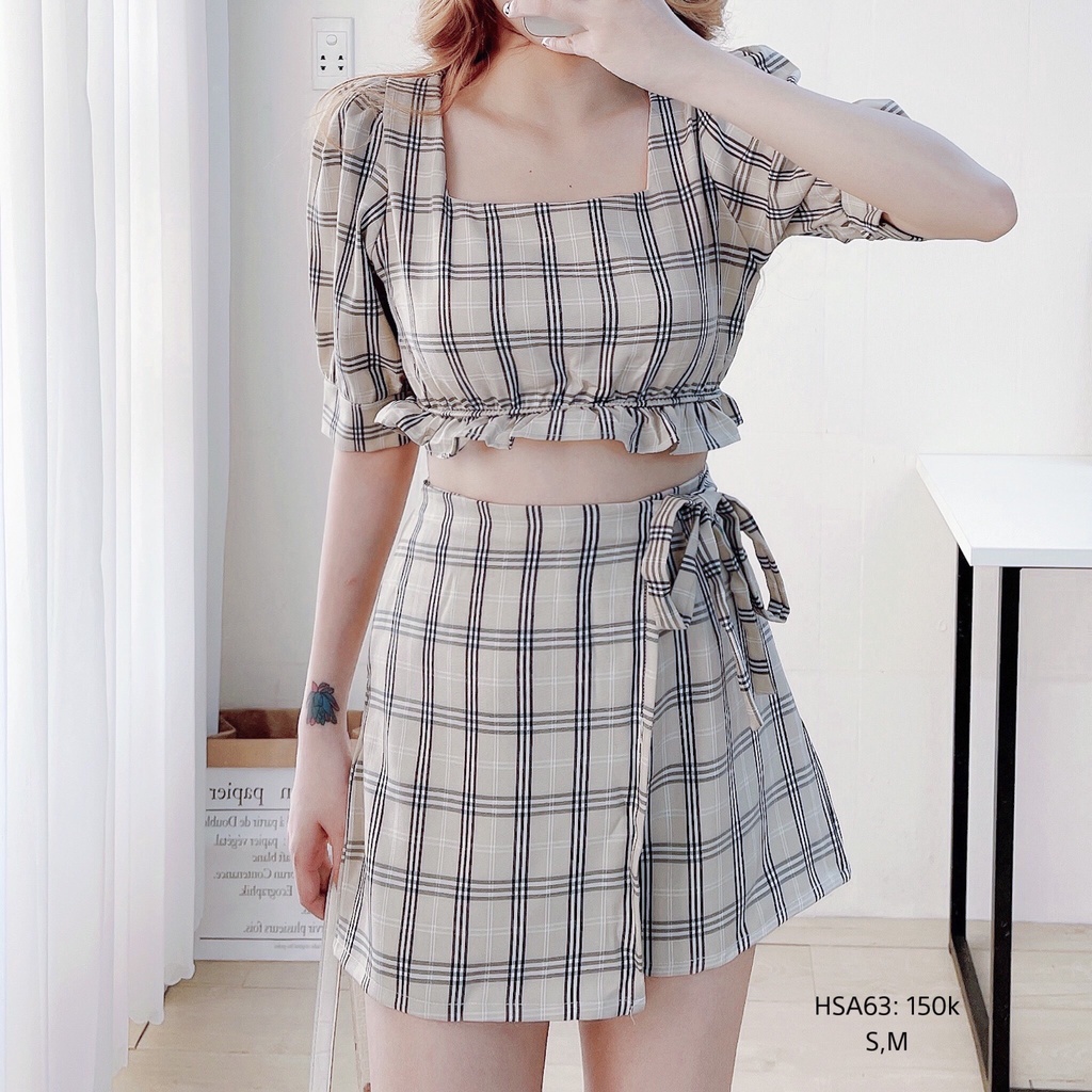 Set áo crop bèo lai quần váy chữ A vải dày dặn 2 lớp phong cách thời trang Hàn Quốc CHIBEST HSA63
