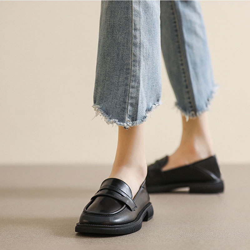 Big Size 35-43 Giày da đế bằng màu đen phong cách