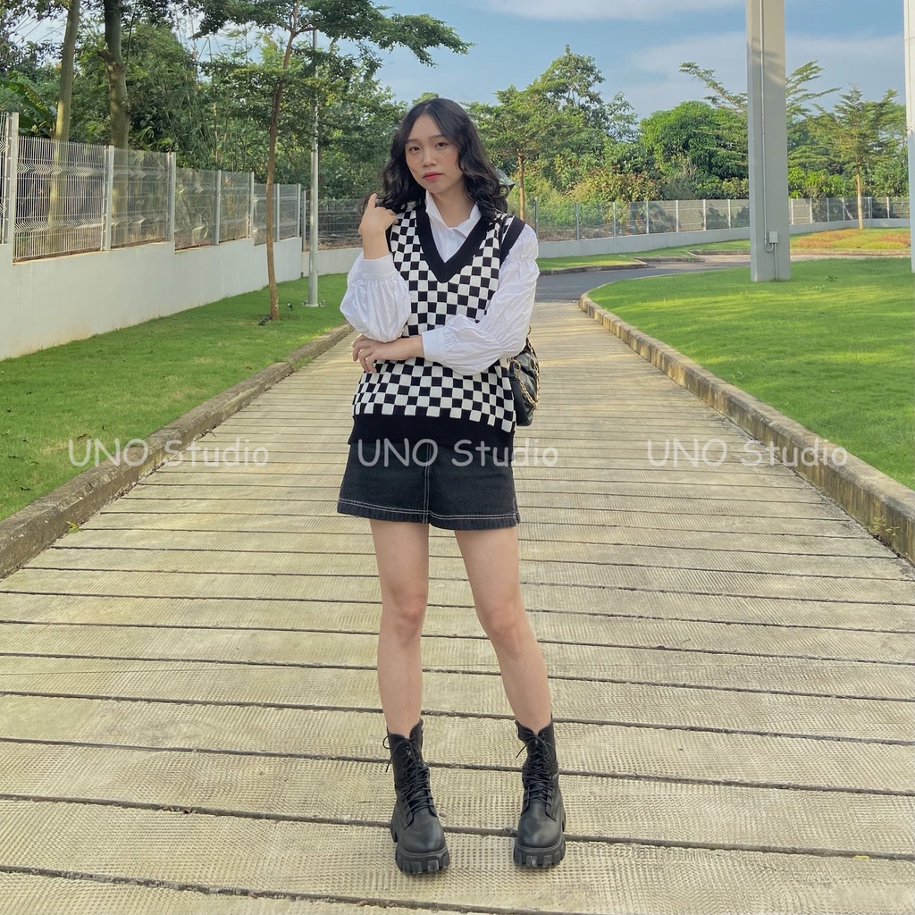 Áo gile len hoạ tiết caro đủ màu phong cách Hàn Quốc