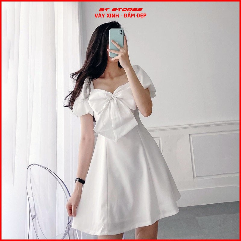 Đầm dự tiệc đầm dạo phố dáng xòe nhẹ tay bồng phối nơ xinh xắn Bibi- BT066