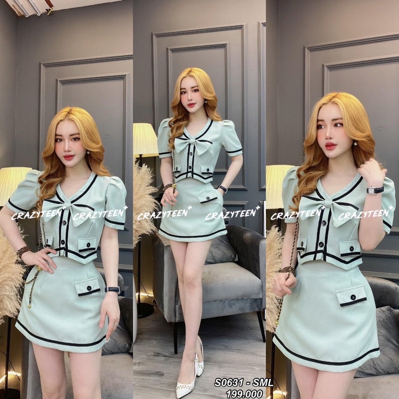 Set Áo Váy Viền Kèm Nơ Rời