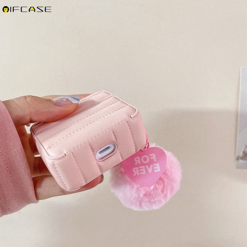 Vỏ Bảo Vệ Hộp Sạc Tai Nghe Airpods 1 2 3 Pro Kết Nối Bluetooth Không Dây Chất Liệu Da Màu Hồng Phối Lông Dễ Thương