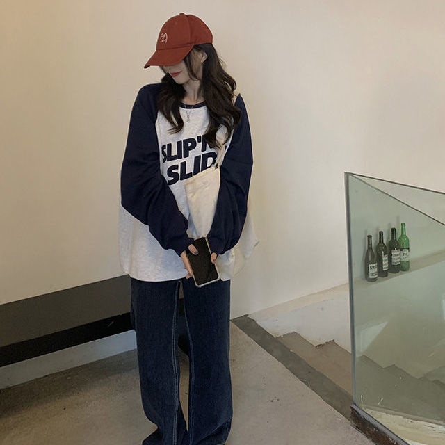 Áo Sweater Lông Cừu Chui Đầu Cổ Tròn Tay Dài Dáng Rộng In Họa Tiết Màu Sắc Tương Phản