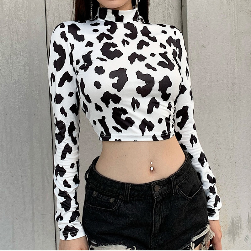 LD-Women Crop Top, Long Sleeve Turtleneck Slim Fit Cow Print Short Blouse for Summer Fall