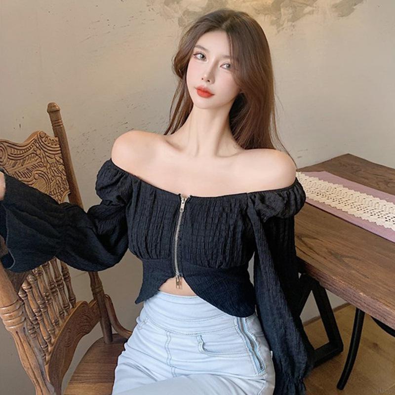 Áo crop top tay loe dài màu trơn có khóa kéo phong cách Hàn Quốc cho nữ