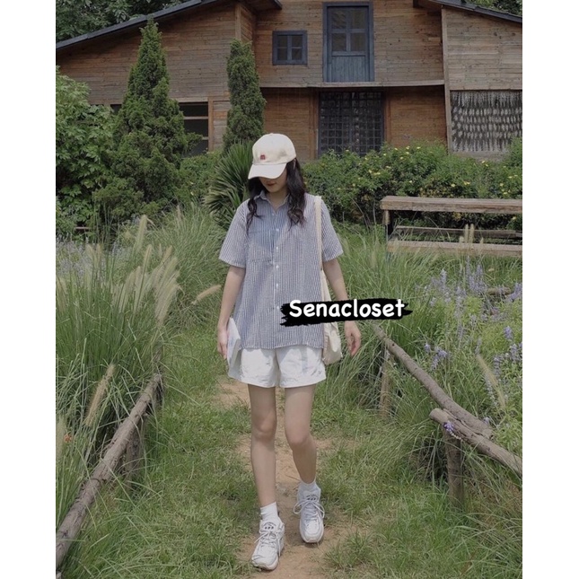 Full set sơmi kẻ xẻ tà sau chất xốp quần short trăng ( Ảnh thật )