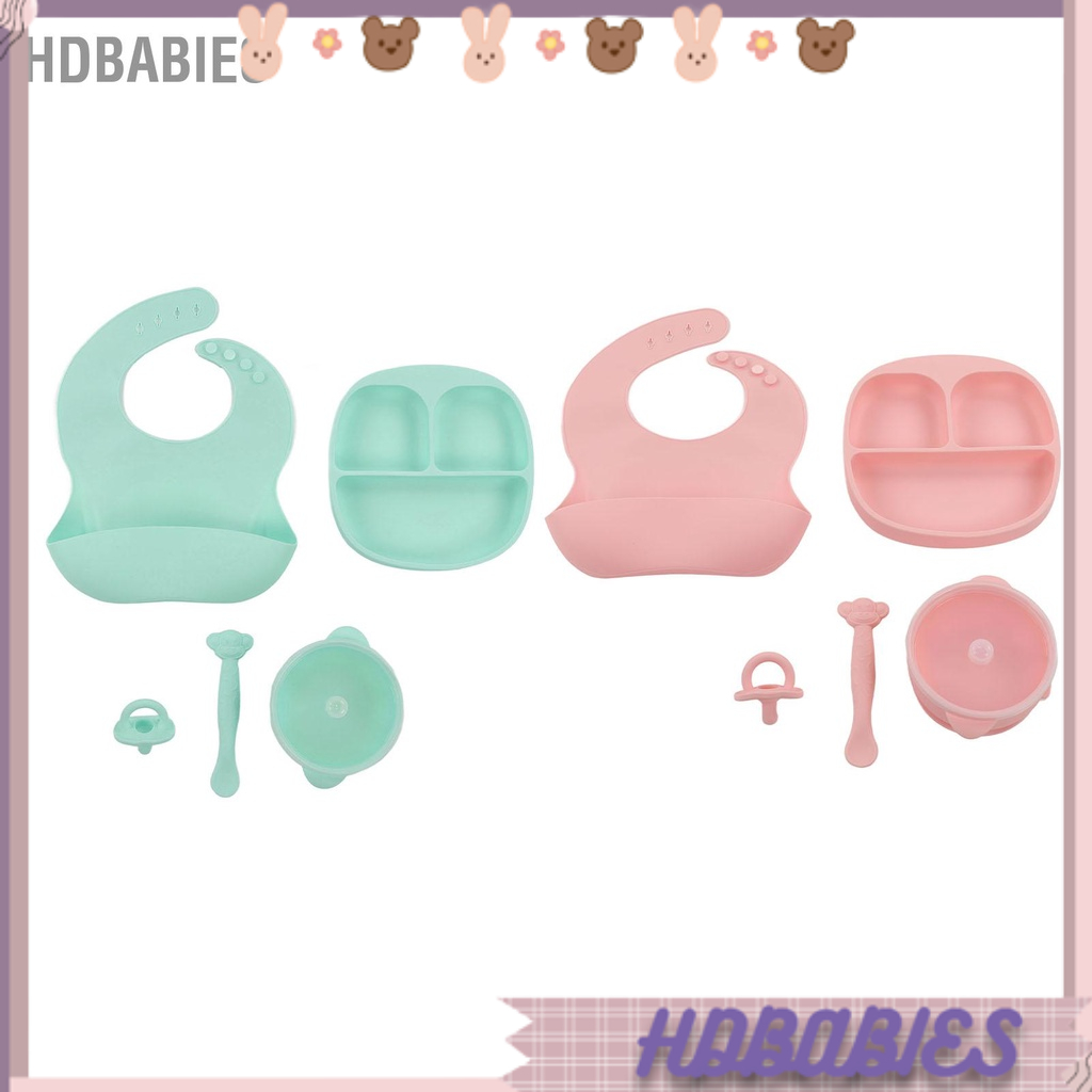 HDbabies Bộ Tập Ăn Cho Bé Silicone Chống Rơi Di Động Chia Đĩa Bát Yếm Núm Vú Giả Thìa Tiếp Liệu