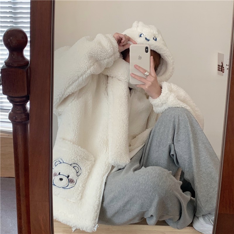 Áo khoác BEAR lông cừu nữ có mũ kèm khăn xinh xắn _ VENUS