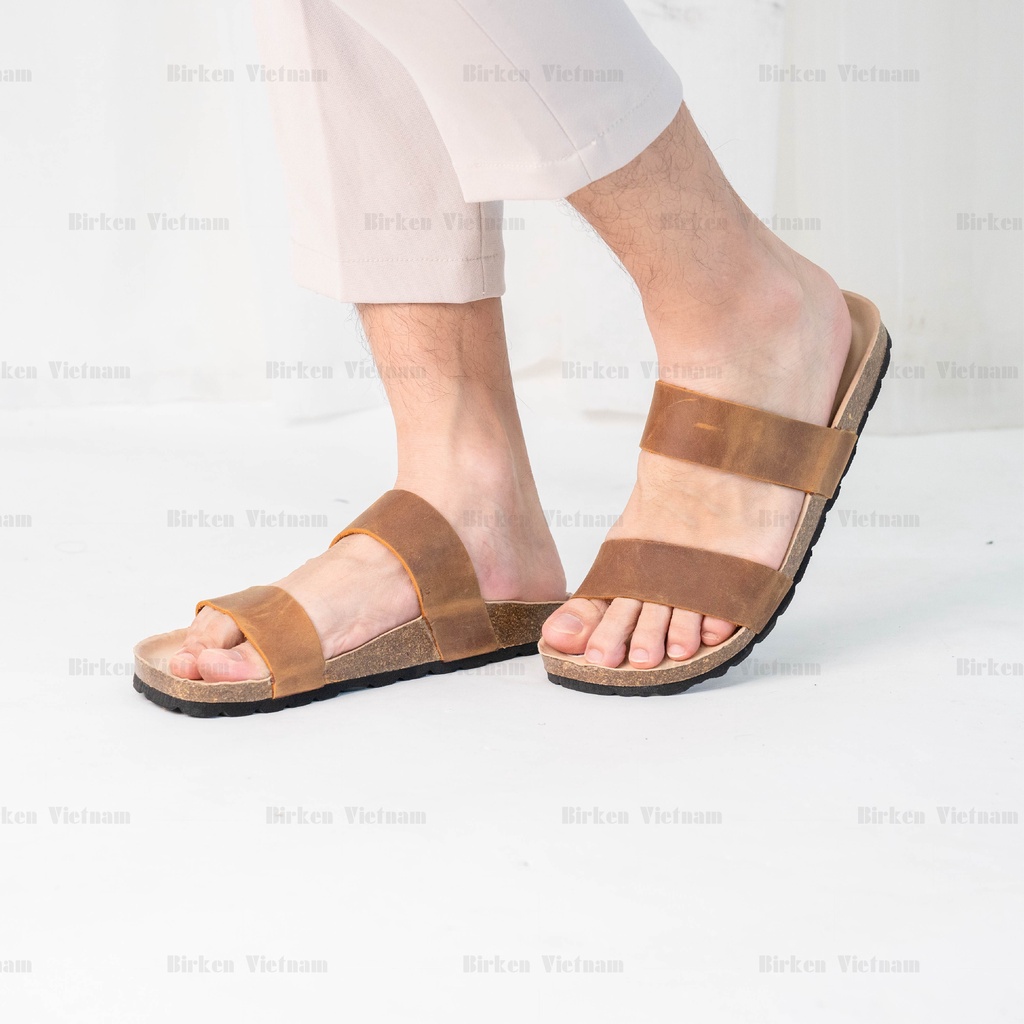 [ New Style ] MÃ DK18 Dép DA BÒ Đế Trấu Lót PU Chống Nước Quai Ngang Unisex Birken Vietnam Bioline