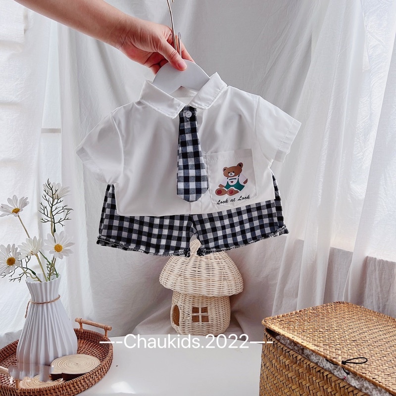 Bộ gấu cà vạt quần kẻ cho bé trai