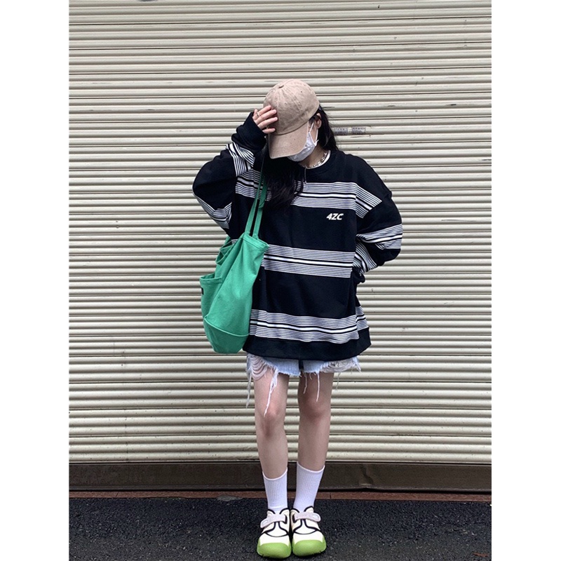 Áo sweater nữ form rộng hàn quốc 2021, áo sweater nữ nỉ dài tay sọc ngang đen trắng