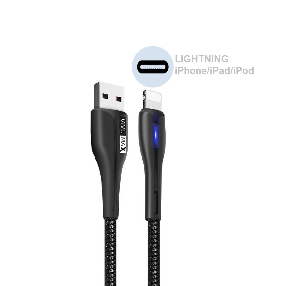 Cáp sạc nhanh và truyền dữ liệu VivuMax L102 đầu sạc IPhone, có đèn LED báo tín hiệu - Bảo hành 1 năm (ĐỔI MỚI) - Đen