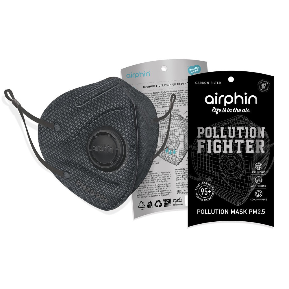 [Size L] Khẩu trang Airphin - Than hoạt tính chống ô nhiễm, bụi mịn PM 2.5 - màu đen/ghi