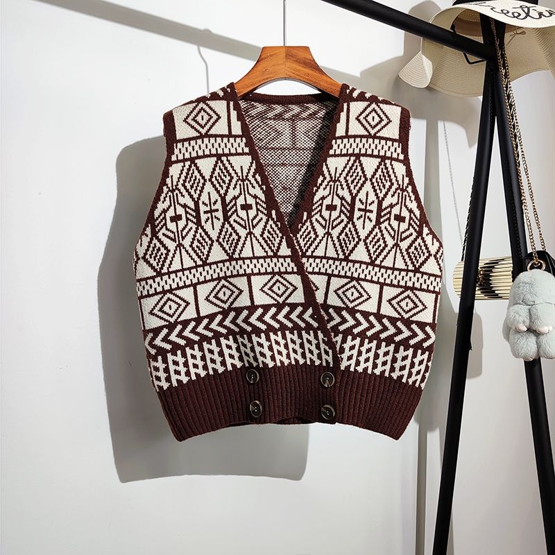 Áo Gile Áo Len Gile Knitted Vest Women's New Loose Retro Contrast Plaid Sleeveless V-neck Jacket