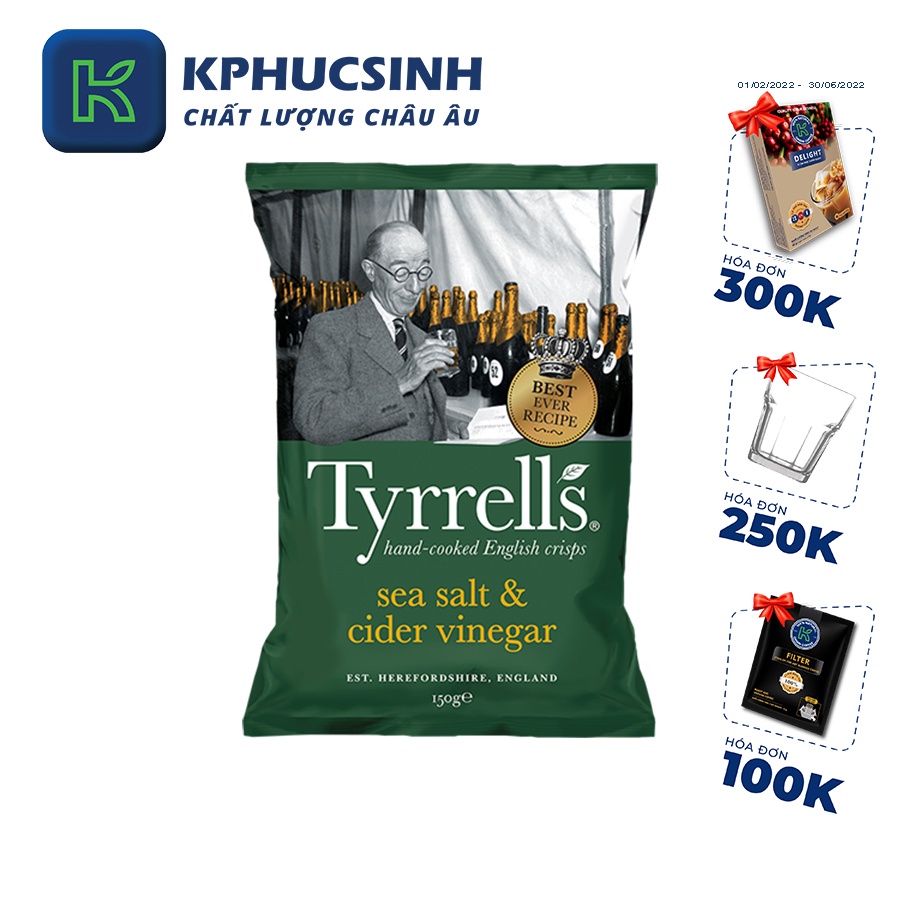 Khoai tây chiên Tyrrells  sea salted cider vinegar hand cooked crips 150g KPHUCSINH - Hàng Chính Hãng
