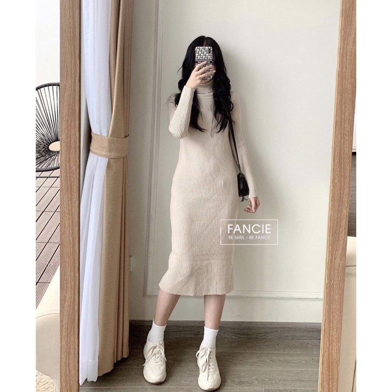 (Kèm hình thật sàn) váy len gân body cổ lọ xẻ tà